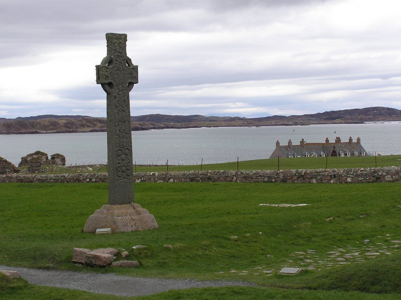 Iona cross with Bishop's house in distance