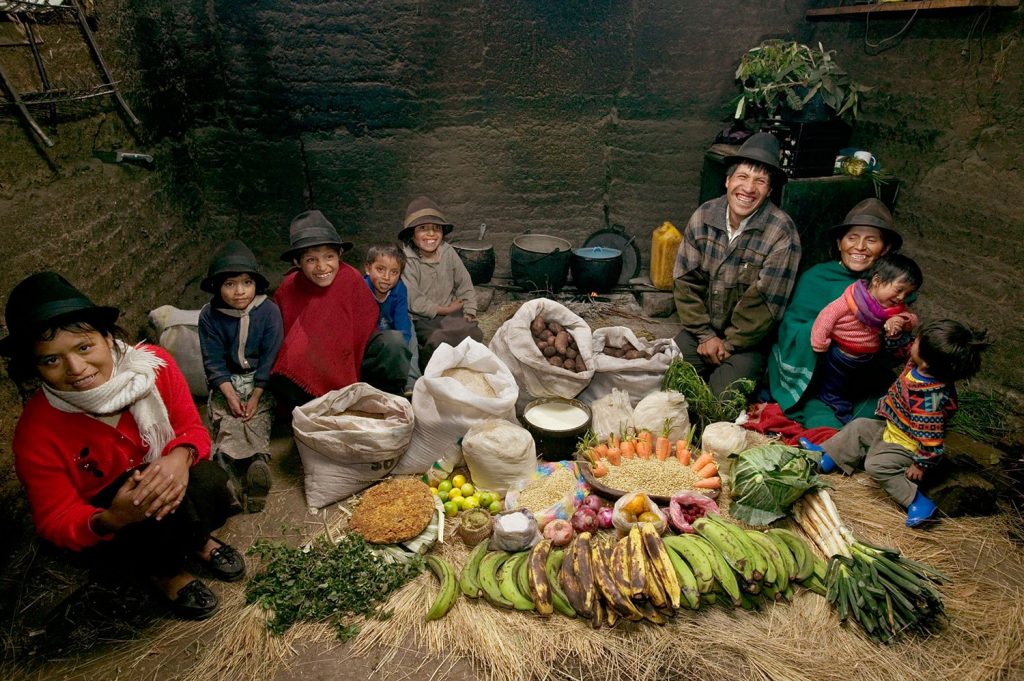 The Ayme family in their kitchen house in Tingo, Ecuador, a village in the central Andes, with one week’s worth of food. 