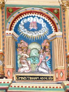 Ribe Cathedral. Pulpit ( 1597 ): Ascension of Christ with the latin inscription "Omnes traham ad me ipsum" ( All people I will draw to myself ) via wikimedia