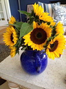 sunflowers in blue vase