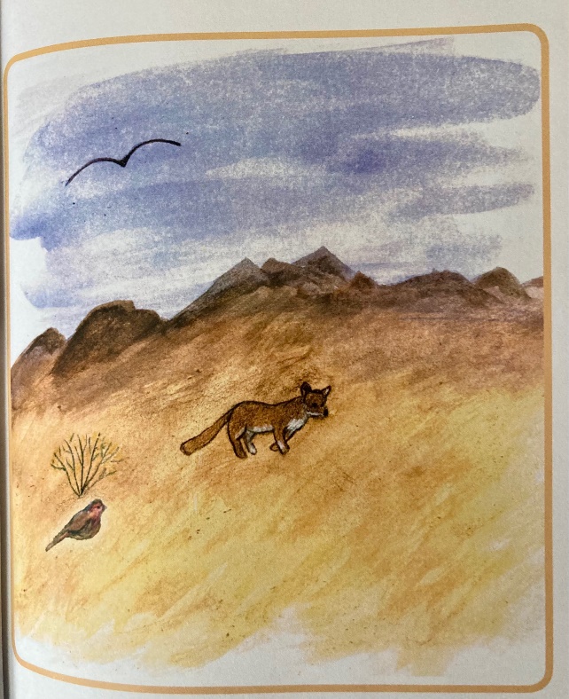 Illustration shows a fox and bird walking by mountains
